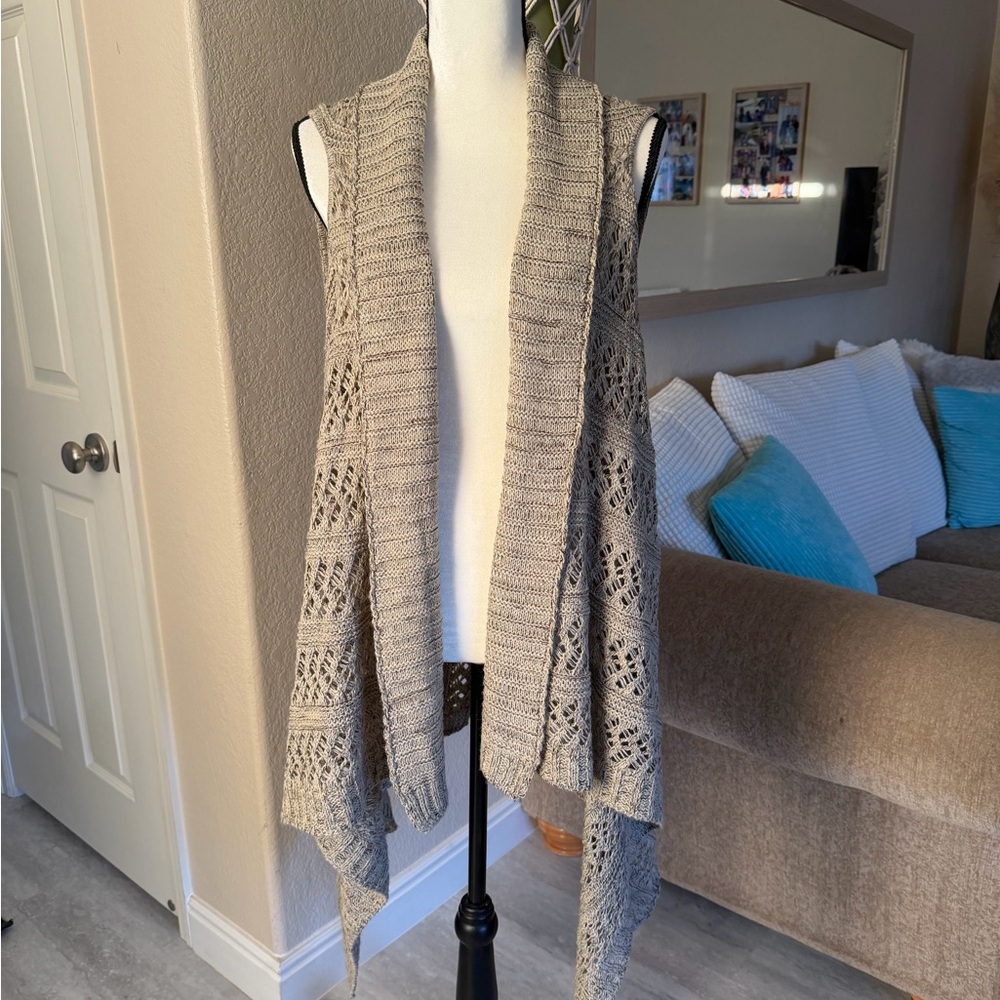 CJ Banks Taupe Open Front Sleeveless Cardigan